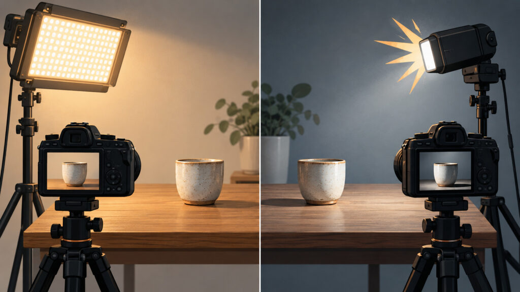 商品撮影のLEDとストロボはどう使い分ける？光の特徴と選び方の説明イメージ（AI生成）