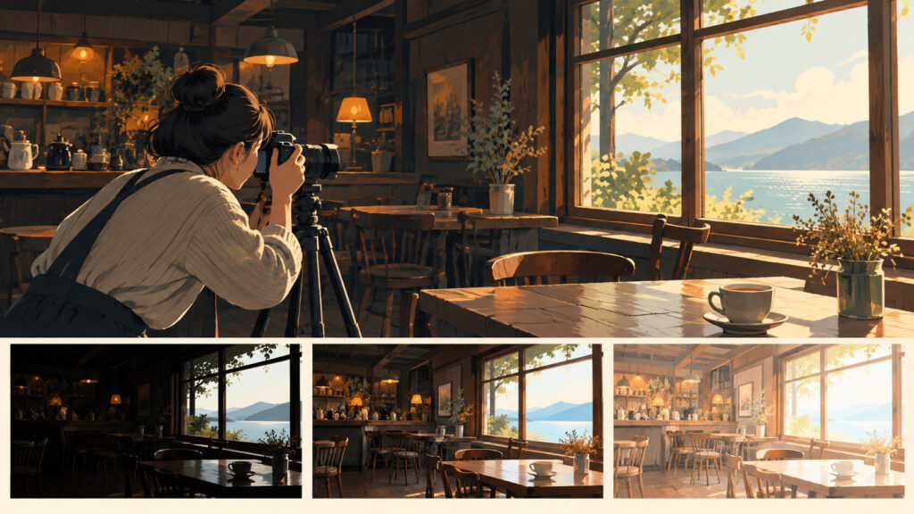 店舗写真が暗い・窓が白飛びするときの撮り方の説明イメージ（AI生成）
