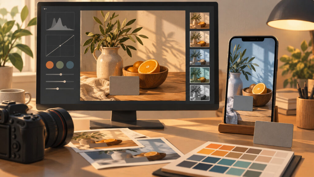 Lightroomで写真を書き出すと色が違う？確認する設定と表示環境の説明イメージ（AI生成）