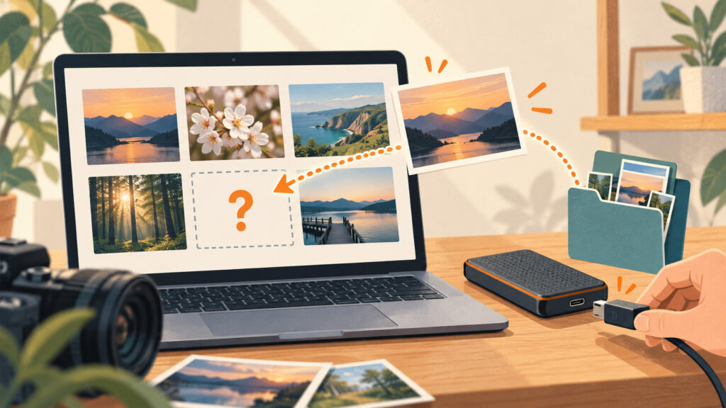 Lightroomで写真が見つからないときの直し方の説明イメージ(AI生成)