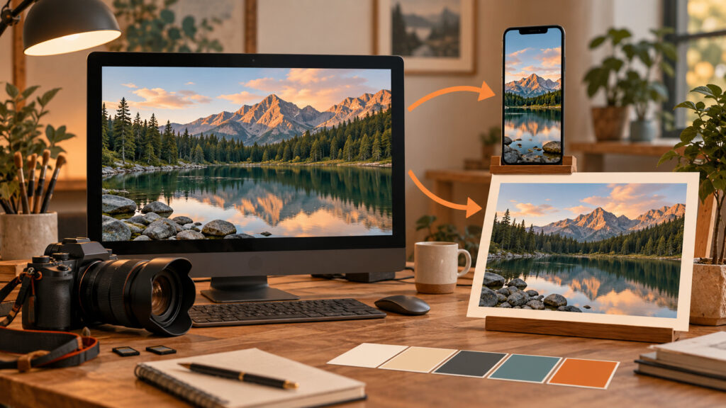 納品写真をSNSと印刷で使い分けるには?用途別の書き出し設定例の説明イメージ(AI生成)