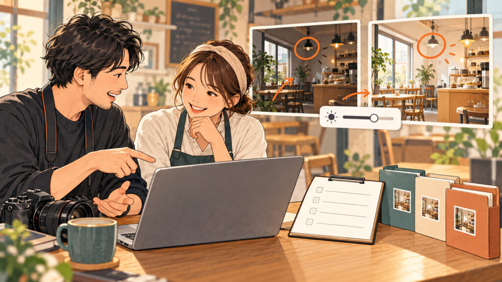 撮影後に修正依頼が来たら?色・明るさ・再撮影を切り分ける確認例の説明イメージ(AI生成)