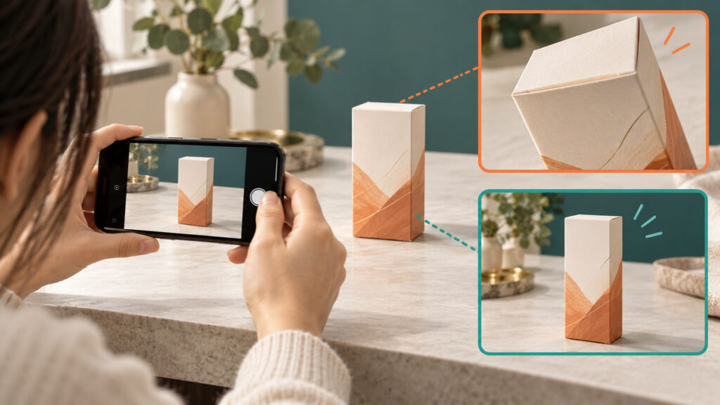 スマホで商品撮影すると形がゆがむ理由の説明イメージ（AI生成）