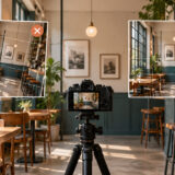 店舗写真で壁や柱が斜めになる原因の説明イメージ（AI生成）