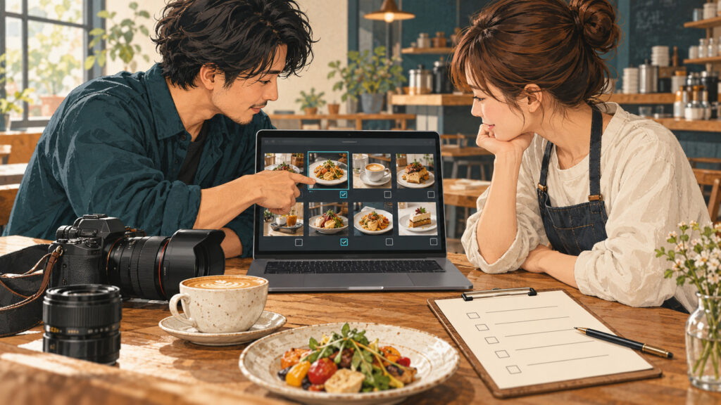 撮影写真の選び方を依頼者に伝えるの説明イメージ（AI生成）